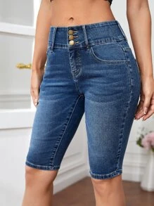 SHEIN Essnce 斜口袋緊身牛仔短褲 - 中等水洗藍 - 查看 5