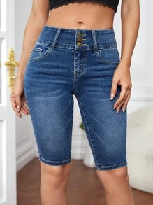 SHEIN Essnce 斜口袋緊身牛仔短褲 - 中等水洗藍 - 查看 6