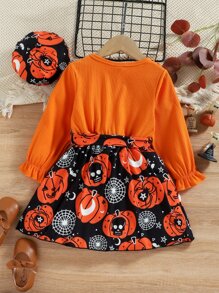 小女童萬聖節南瓜圖案荷葉袖繫腰帶洋裝