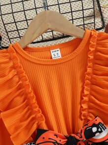 小女童萬聖節南瓜圖案荷葉袖繫腰帶洋裝