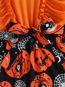 小女童萬聖節南瓜圖案荷葉袖繫腰帶洋裝