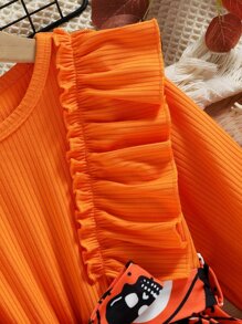 小女童萬聖節南瓜圖案荷葉袖繫腰帶洋裝