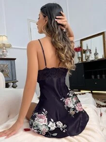 Floral Print Contrast Lace Satin Sexy Lingerie Dress - Black - View 2