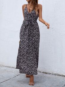 SHEIN VCAY Ditsy Floral Print Slit Hem Belted Cami Dress - Black - View 3