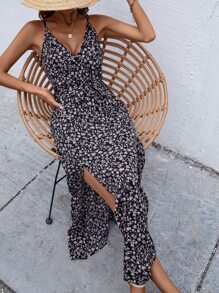 SHEIN VCAY Ditsy Floral Print Slit Hem Belted Cami Dress - Black - View 6