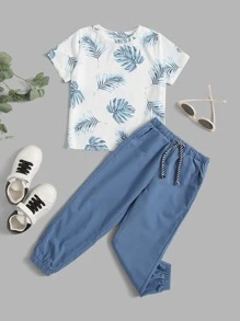 SHEIN Toddler Boys Tropical Print Tee & Drawstring Waist Trousers - Blue and White - View 1