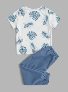 SHEIN Toddler Boys Tropical Print Tee & Drawstring Waist Trousers - Blue and White - View 2