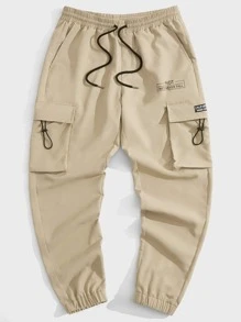 Manfinity VCAY Men Letter Patched Detail Flap Pocket Drawstring Waist Cargo Trousers - Khaki - View 1