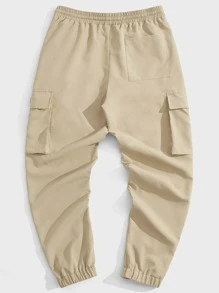 Manfinity VCAY Men Letter Patched Detail Flap Pocket Drawstring Waist Cargo Trousers - Khaki - View 2