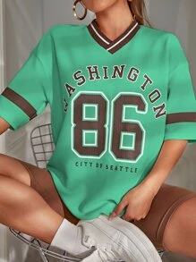 SHEIN Unity Drop Shoulder Letter & Number Print Tee - Green - View 1