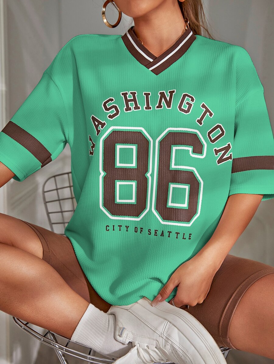 SHEIN Unity Drop Shoulder Letter & Number Print Tee - Green - View 1