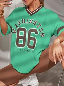 SHEIN Unity Drop Shoulder Letter & Number Print Tee - Green - View 6