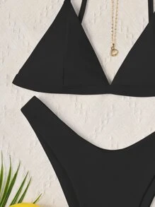 Swim Vcay Summer Beach Mono Bikini Set Triangle Bra Top & High Cut Bikini Bottom 2 Piece Bathing Suit - Black - View 3