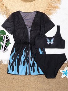 Tween Girl 3packs Butterfly Print Bikini Set With Random Fire Print Kimono Summer Beach - Black - View 1
