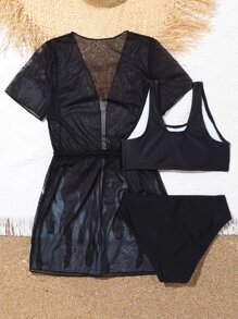 Tween Girl 3packs Butterfly Print Bikini Set With Random Fire Print Kimono Summer Beach - Black - View 2