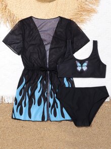 Tween Girl 3packs Butterfly Print Bikini Set With Random Fire Print Kimono Summer Beach - Black - View 5