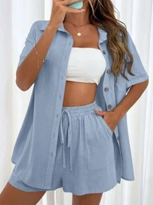 Chiquease Patched Pocket Drop Shoulder Shirt & Knot Front Shorts - Blue - View 2