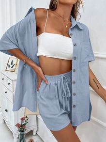 Chiquease Patched Pocket Drop Shoulder Shirt & Knot Front Shorts - Blue - View 4