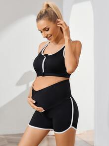 SHEIN Maternity Zip Up Crop Tank Top & Dolphin Shorts Set - Black - View 2