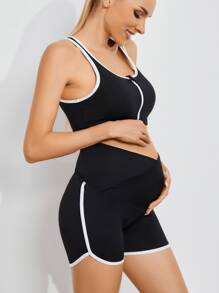 SHEIN Maternity Zip Up Crop Tank Top & Dolphin Shorts Set - Black - View 1