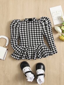 SHEIN Baby Houndstooth Print Puff Sleeve Mock Neck Peplum Top - Black and White - View 1