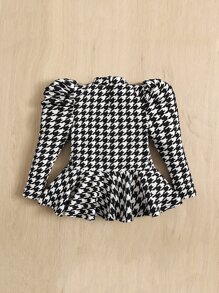 SHEIN Baby Houndstooth Print Puff Sleeve Mock Neck Peplum Top - Black and White - View 2