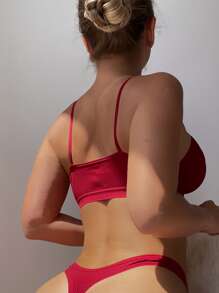 Cut Out Ribbed Knit Wireless Bra & Panty Lingerie Set - Burgundy - View 2