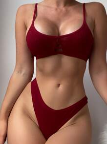 Cut Out Ribbed Knit Wireless Bra & Panty Lingerie Set - Burgundy - View 3
