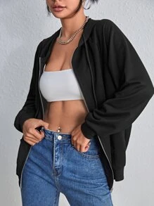 SHEIN EZwear Zip Up Raglan Sleeve Drawstring Hoodie,Long Sleeve Tops In Fall/Winter - Black - View 3