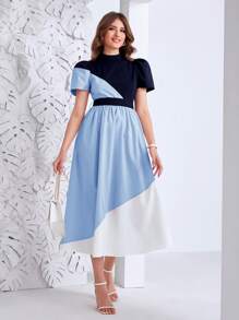 Modelyn Colour Block Belted Dress - Baby Blue - View 2