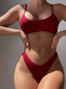 Cut Out Ribbed Knit Wireless Bra & Panty Lingerie Set - Burgundy - View 5