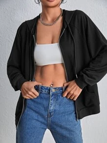 SHEIN EZwear Zip Up Raglan Sleeve Drawstring Hoodie,Long Sleeve Tops In Fall/Winter - Black - View 4