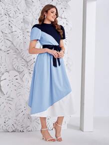 Modelyn Colour Block Belted Dress - Baby Blue - View 4