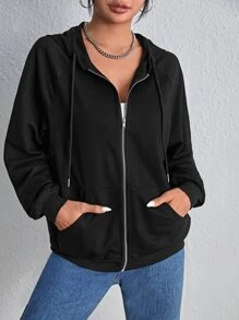 SHEIN EZwear Zip Up Raglan Sleeve Drawstring Hoodie,Long Sleeve Tops In Fall/Winter - Black - View 5