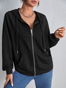 SHEIN EZwear Zip Up Raglan Sleeve Drawstring Hoodie,Long Sleeve Tops In Fall/Winter - Black - View 6