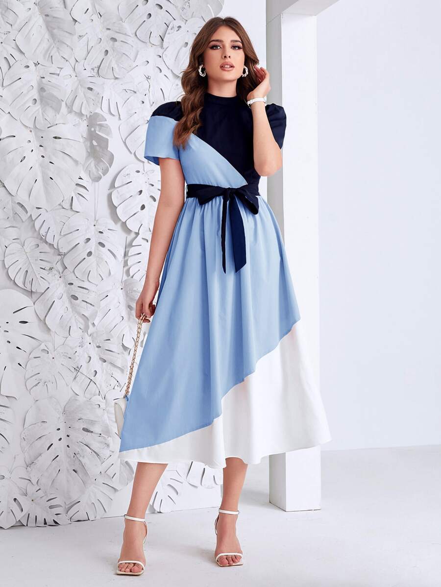 Modelyn Colour Block Belted Dress - Baby Blue - View 1