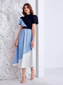 Modelyn Colour Block Belted Dress - Baby Blue - View 5