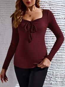 SHEIN 孕婦雞心領口前打結T恤 - 紫紅色 - 查看 3