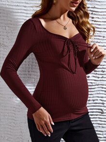 SHEIN 孕婦雞心領口前打結T恤 - 紫紅色 - 查看 4