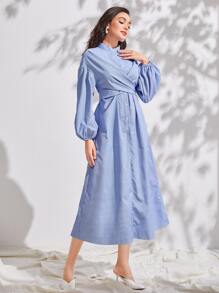 Modelyn Lantern Sleeve Button Front Shirt Dress - Blue - View 3