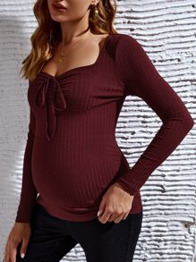 SHEIN 孕婦雞心領口前打結T恤 - 紫紅色 - 查看 5