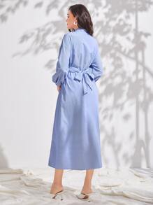 Modelyn Lantern Sleeve Button Front Shirt Dress - Blue - View 2
