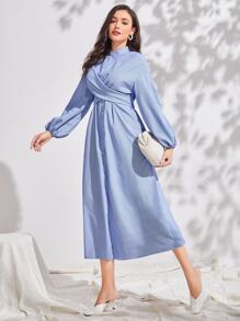 Modelyn Lantern Sleeve Button Front Shirt Dress - Blue - View 4