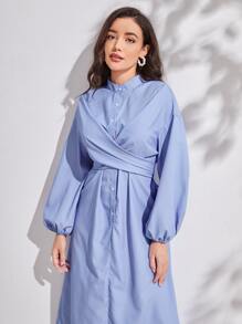 Modelyn Lantern Sleeve Button Front Shirt Dress - Blue - View 5
