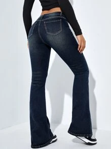SHEIN EZwear Jeans con bolsillo oblicuo de pierna bootcut - Azul lavado oscuro - Ver 2