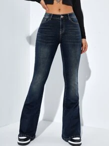 SHEIN EZwear Jeans con bolsillo oblicuo de pierna bootcut - Azul lavado oscuro - Ver 1