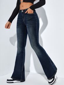 SHEIN EZwear Jeans con bolsillo oblicuo de pierna bootcut - Azul lavado oscuro - Ver 5