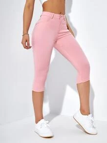 Slant Pocket Skinny Capri Jeans - Baby Pink - View 4