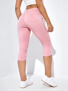 Slant Pocket Skinny Capri Jeans - Baby Pink - View 2