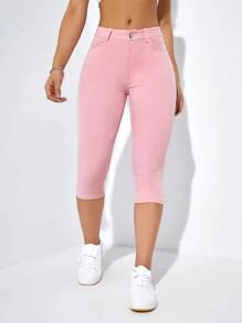 Slant Pocket Skinny Capri Jeans - Baby Pink - View 1